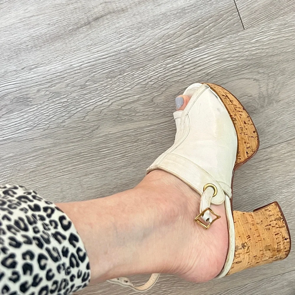PAVEL Platform Peep-toe Chunky Heels Cork Platform Leather White 6N VINTAGE​